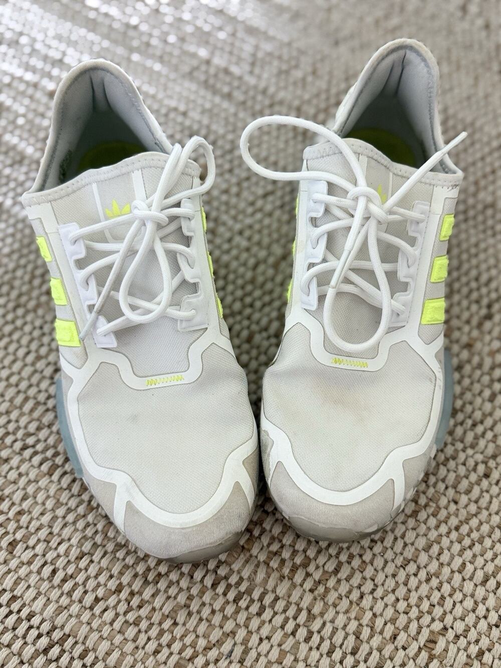 Adidas NMD R1 Men’s 9.5 White Gray Neon Yellow Running Sneakers Shoes